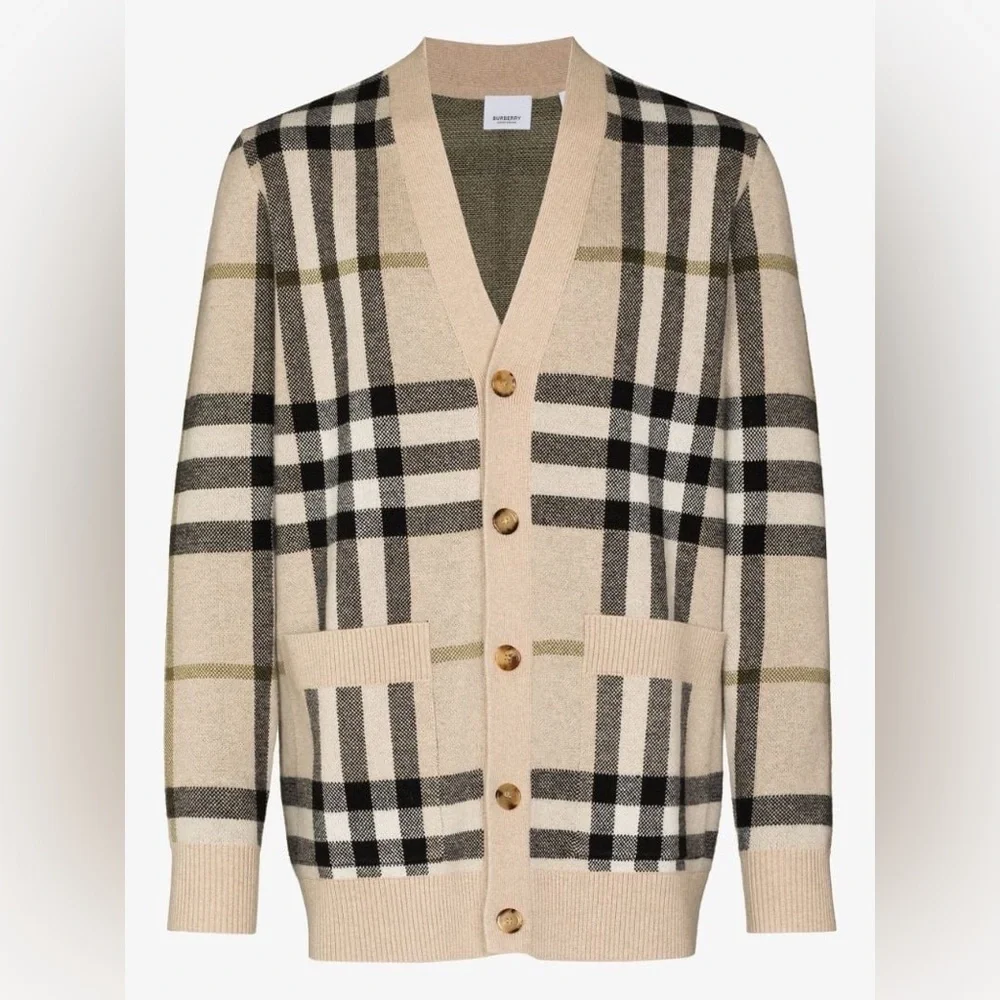 Burberry Signature Check Jacquard  Cardigan Wool Cashmere in Beige | size L - Picture 3 of 12